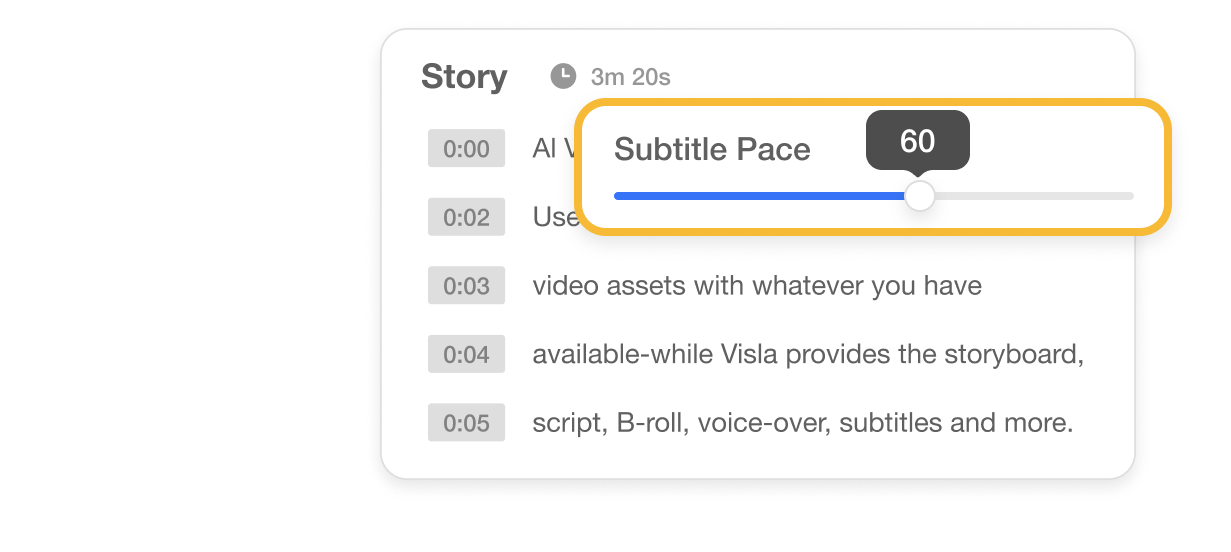 Visla subtitle pacing adjustment slider within the Auto Subtitle Generator interface.